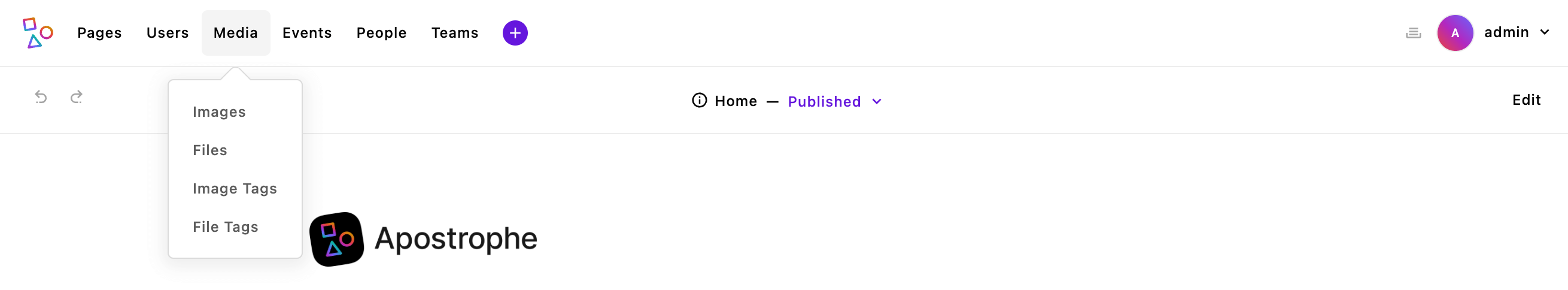 ApostropheCMS admin bar with open dropdown menu titled 'Media'